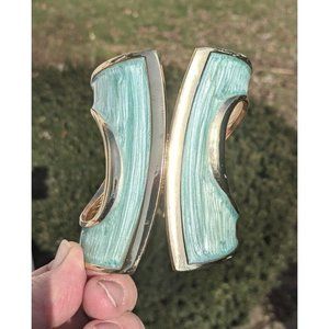 Chunky 3” Wide Green Resin Gold Tone Metal Designer Bangle Cuff Bracelet